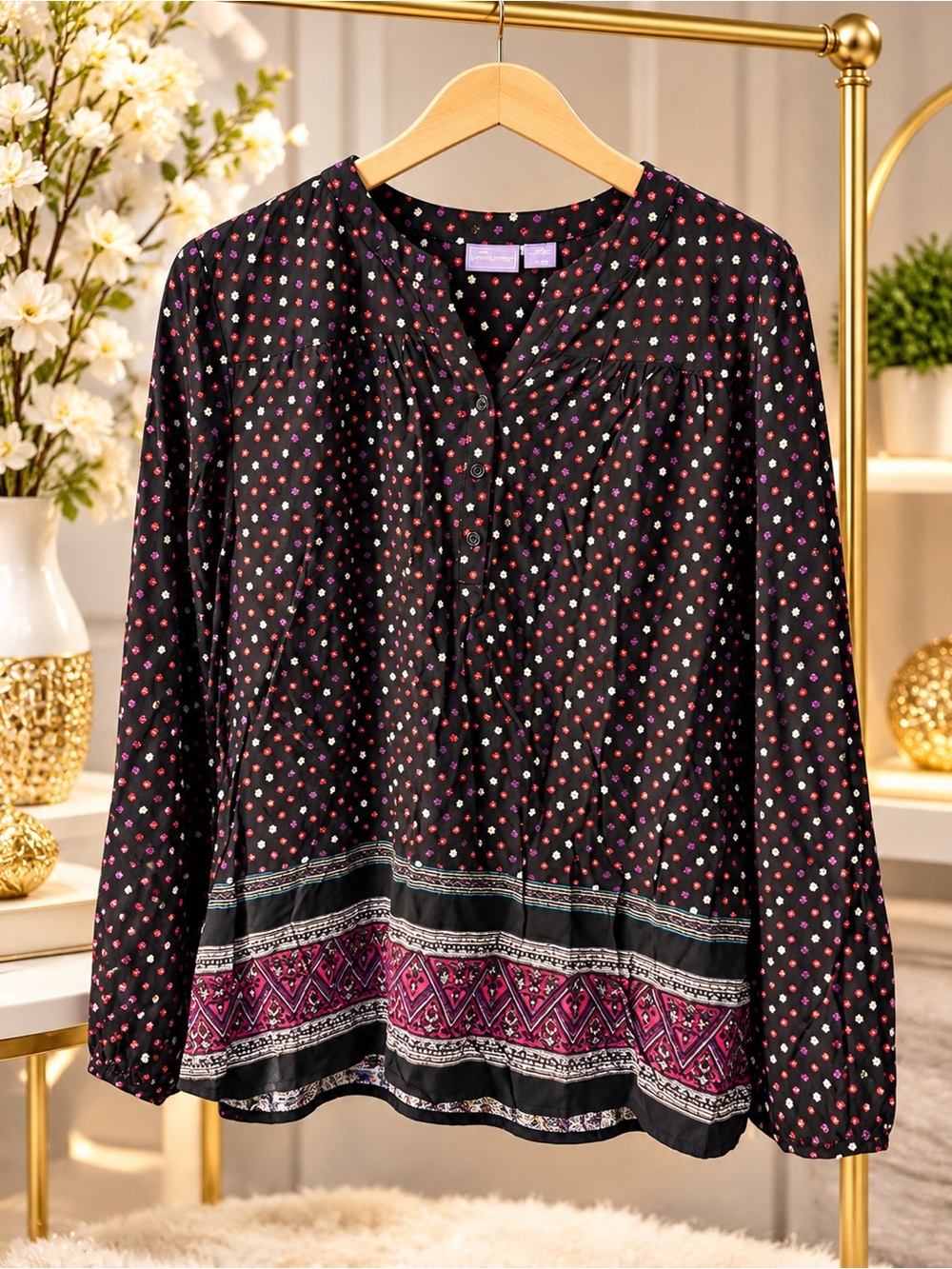 Laura Scott Black Long-Sleeve Printed Blouse with Pink Accents